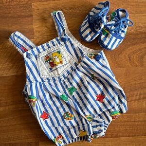 Vintage Baby Overalls Shoes 6-9 Months Striped Blue Colorful Beach Set
